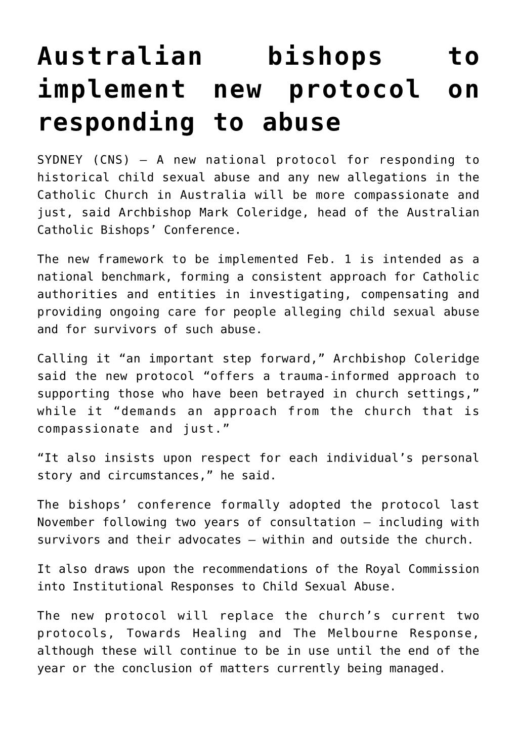 Australian Bishops to Implement New Protocol on Responding to Abuse