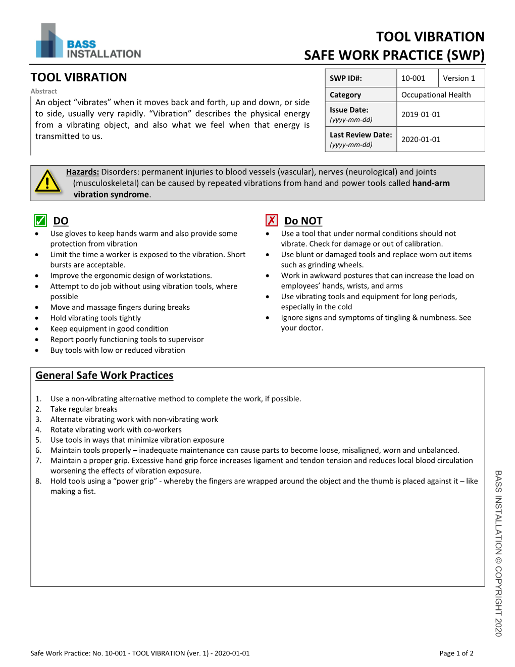 Tool Vibration Safe Work Practice