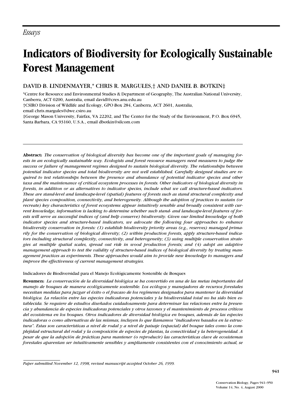 Indicators of Biodiversity for Ecologically Sustainable Forest Management