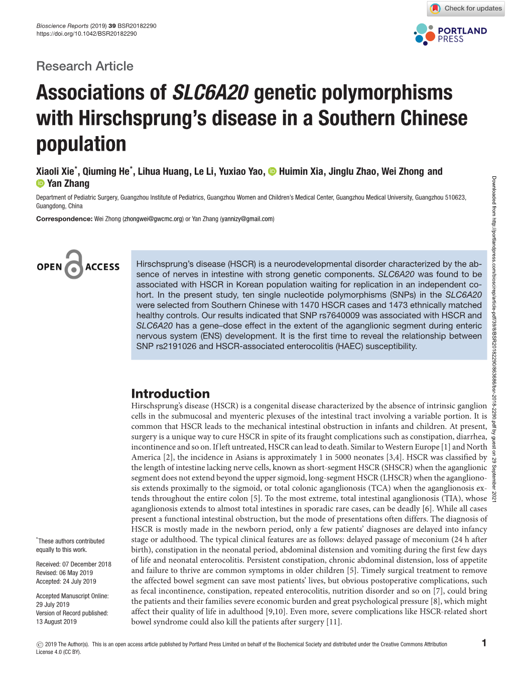 Associations of SLC6A20 Genetic Polymorphisms with Hirschsprung's