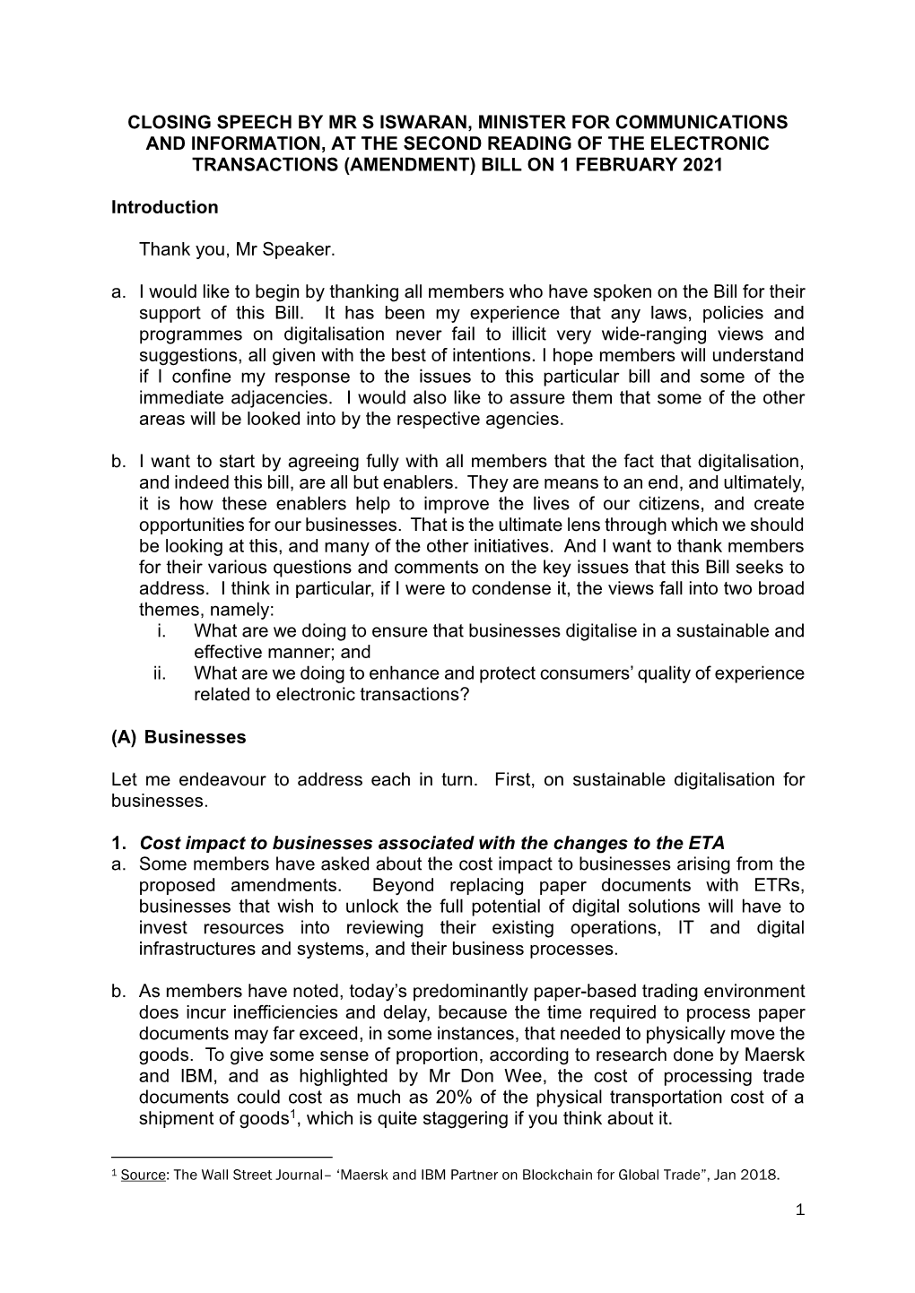 Closing Speech by Mr S Iswaran, Minister for Communications and Information, at the Second Reading of the Electronic Transactions (Amendment) Bill on 1 February 2021