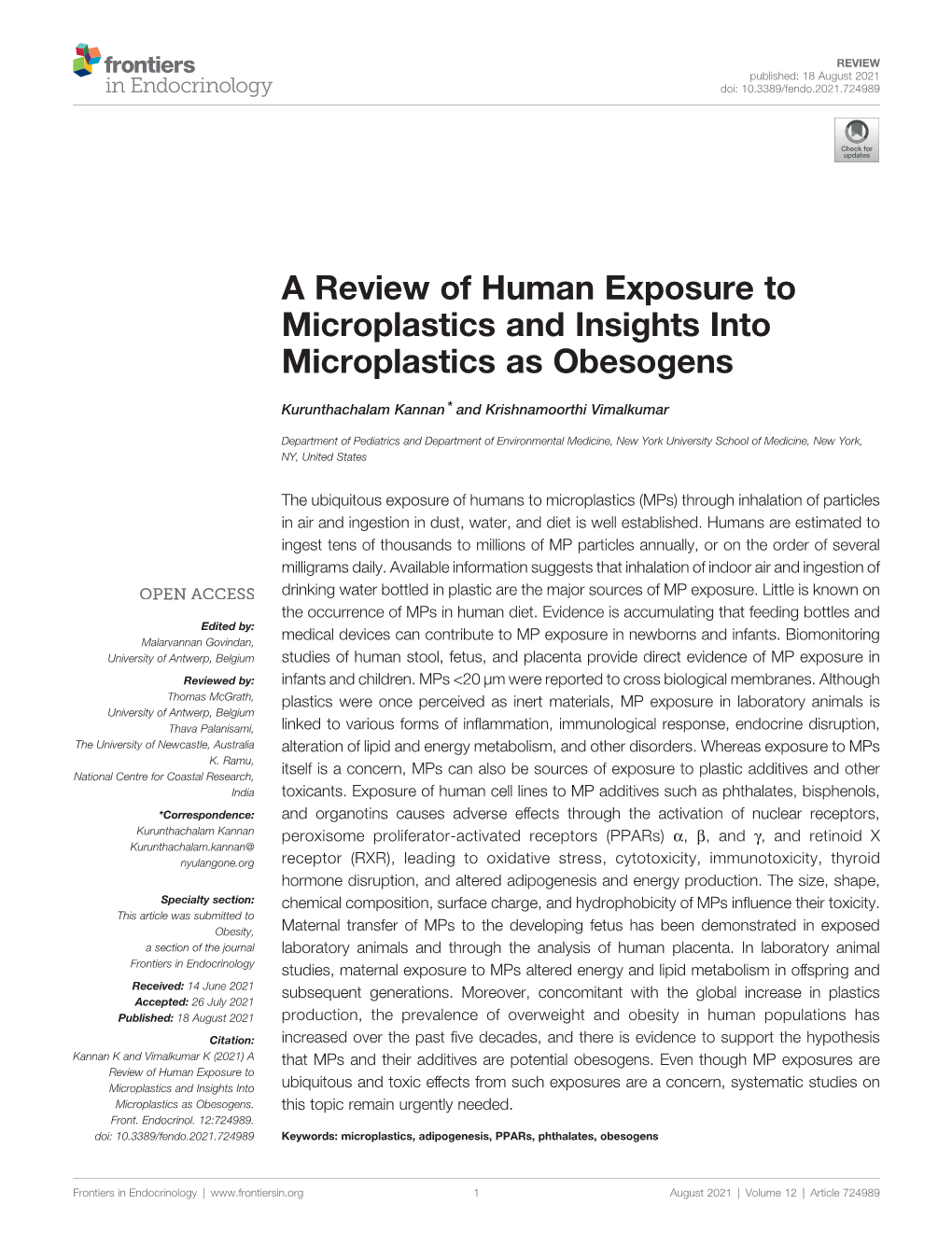 A Review of Human Exposure to Microplastics and Insights Into Microplastics As Obesogens