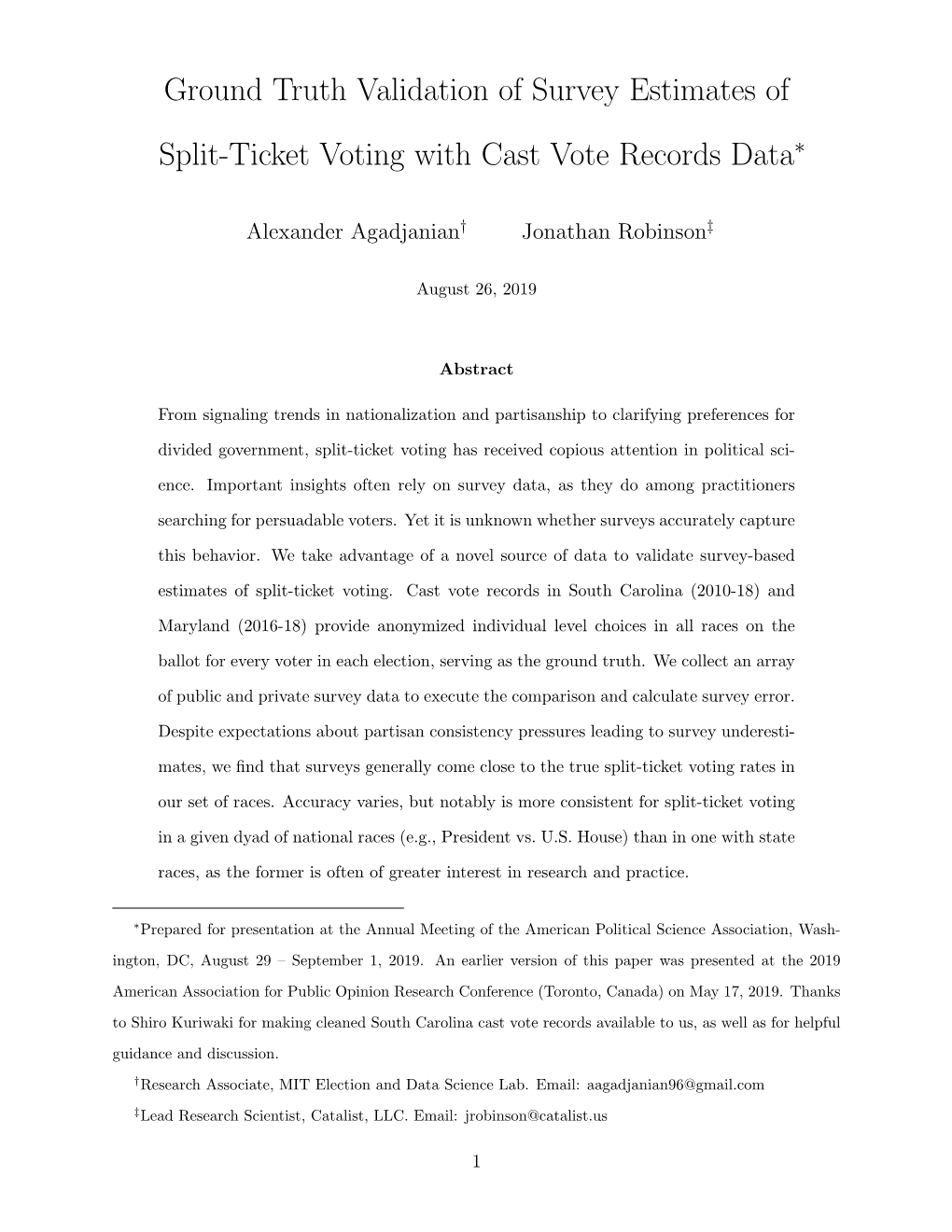 Ground Truth Validation of Survey Estimates of Split-Ticket Voting With