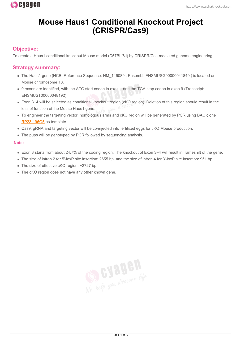 Mouse Haus1 Conditional Knockout Project (CRISPR/Cas9)