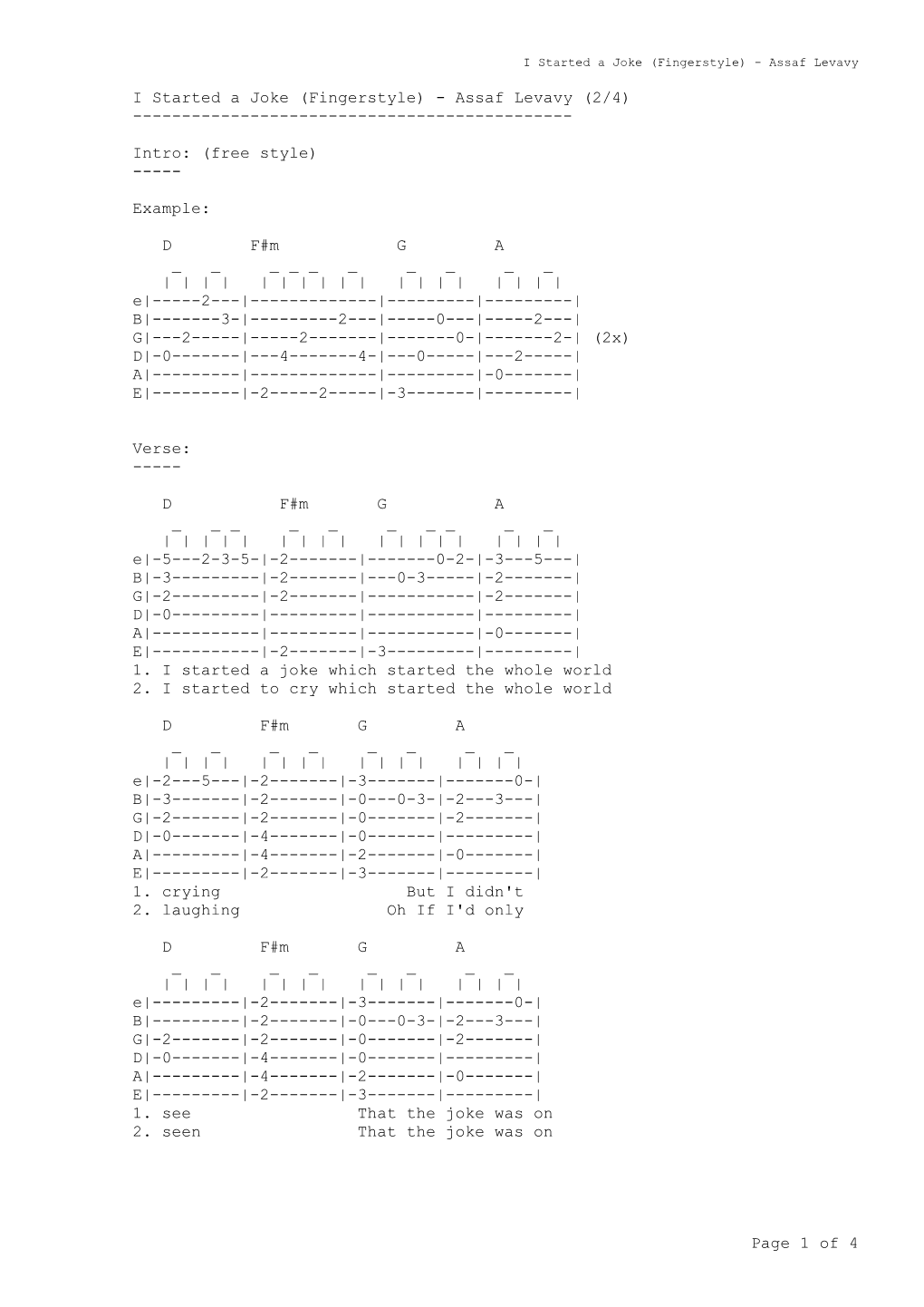 Page 1 of 4 I Started a Joke (Fingerstyle) - Assaf Levavy