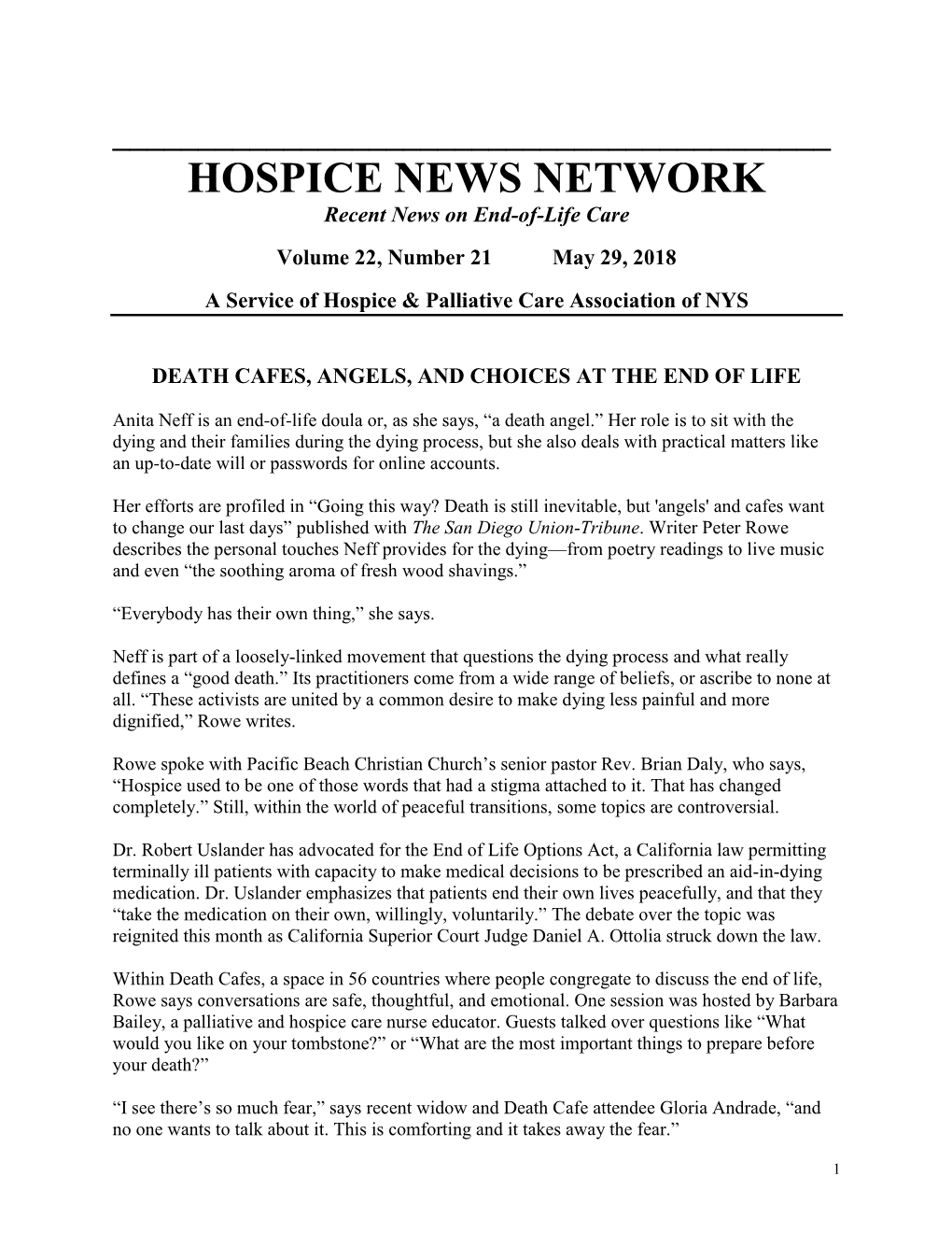 HOSPICE NEWS NETWORK Recent News on End-Of-Life Care