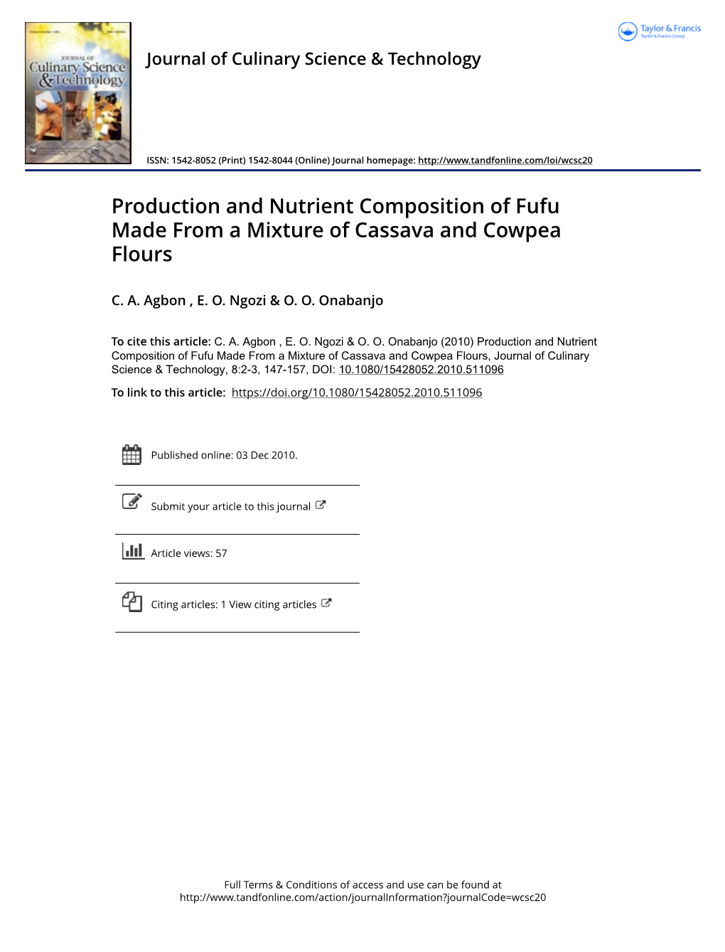 Production and Nutrient Composition of Fufu Made from a Mixture of Cassava and Cowpea Flours