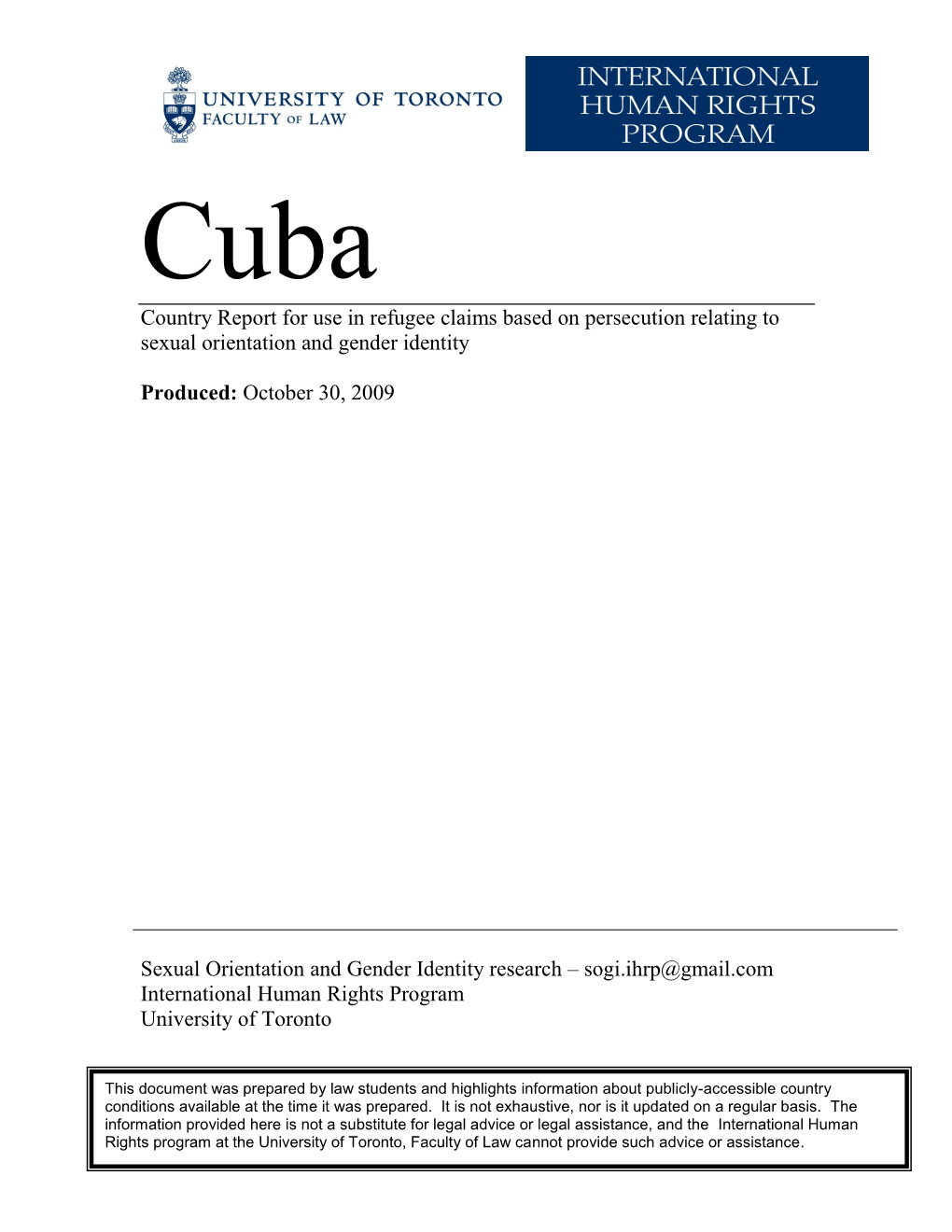 Cuba Country Report for Use in Refugee Claims Based on Persecution Relating to Sexual Orientation and Gender Identity