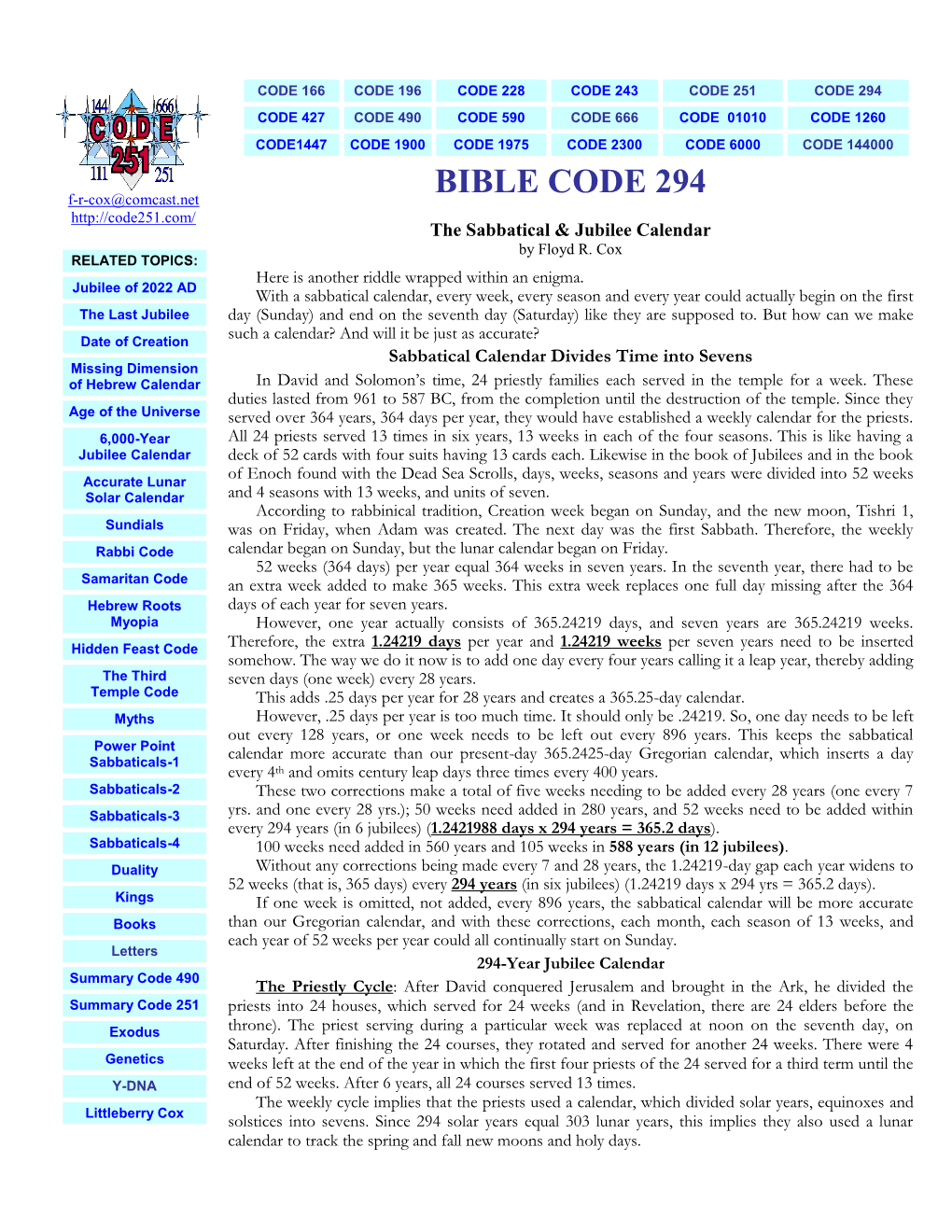 BIBLE CODE 294 F-R-Cox@Comcast.Net the Sabbatical & Jubilee Calendar by Floyd R