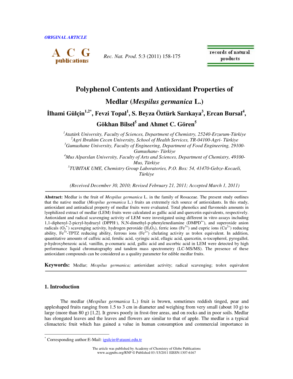 Polyphenol Contents and Antioxidant Properties of Medlar (Mespilus