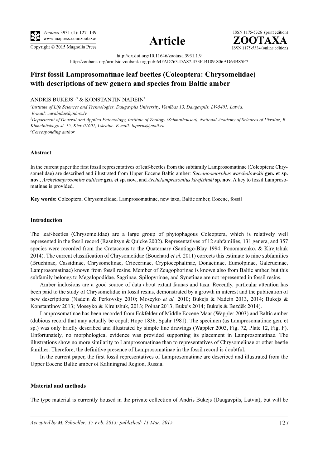 First Fossil Lamprosomatinae Leaf Beetles (Coleoptera: Chrysomelidae) with Descriptions of New Genera and Species from Baltic Amber