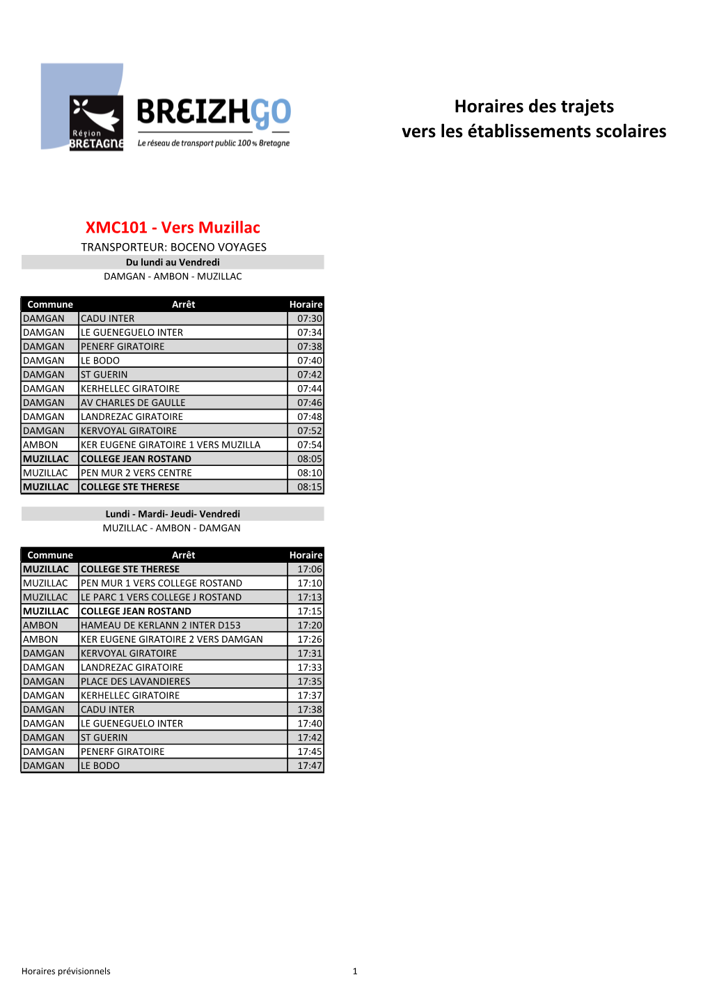 Horaires Des Trajets Vers Les Établissements Scolaires