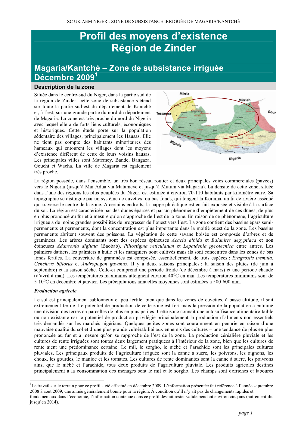 MAGARIA/KANTCHÉ Profil Des Moyens D’Existence Région De Zinder