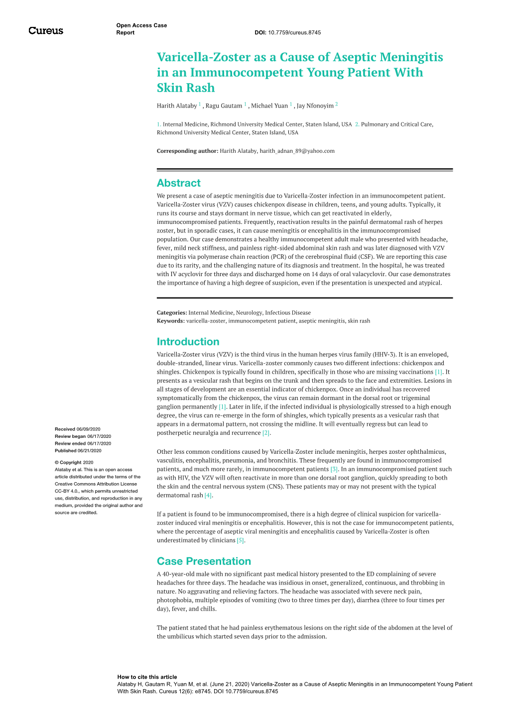 Varicella-Zoster As a Cause of Aseptic Meningitis in an Immunocompetent Young Patient with Skin Rash