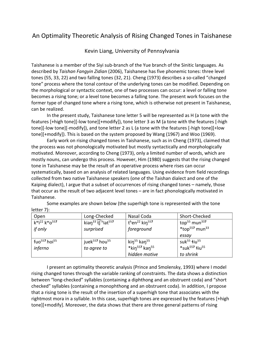 An Optimality Theoretic Analysis of Rising Changed Tones in Taishanese