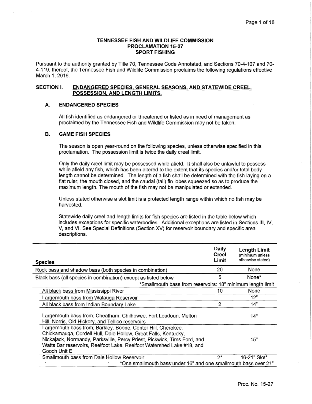 TENNESSEE FISH and WILDLIFE COMMISSION PROCLAMATION 15-27 SPORT FISHING Page1of18 Pursuant to the Authority Granted by Title