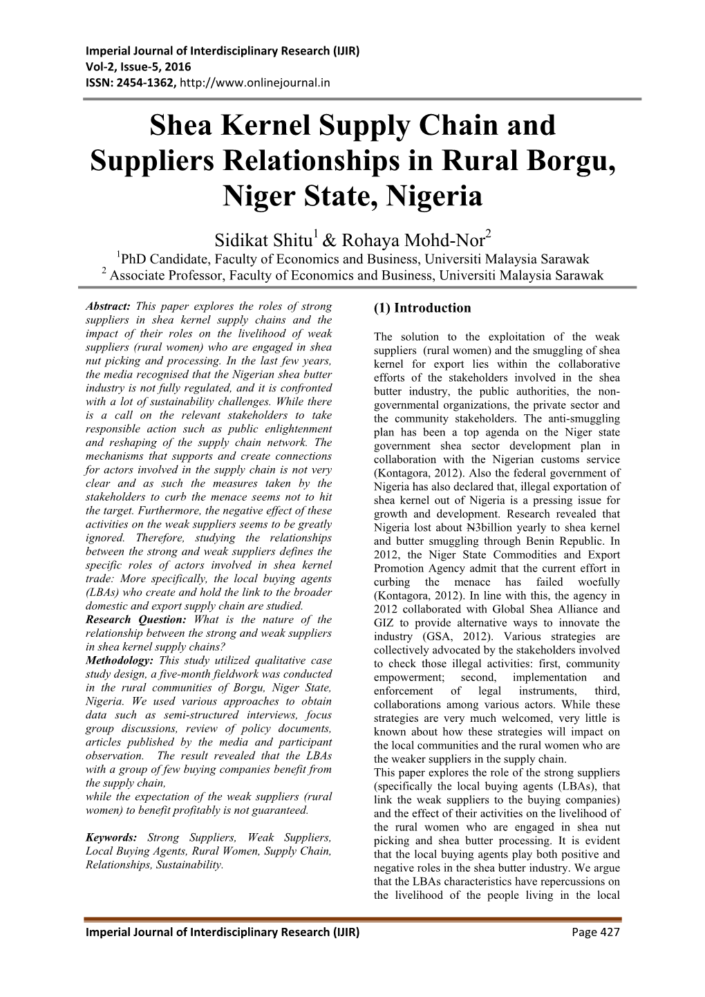 Shea Kernel Supply Chain and Suppliers Relationships in Rural Borgu, Niger State, Nigeria