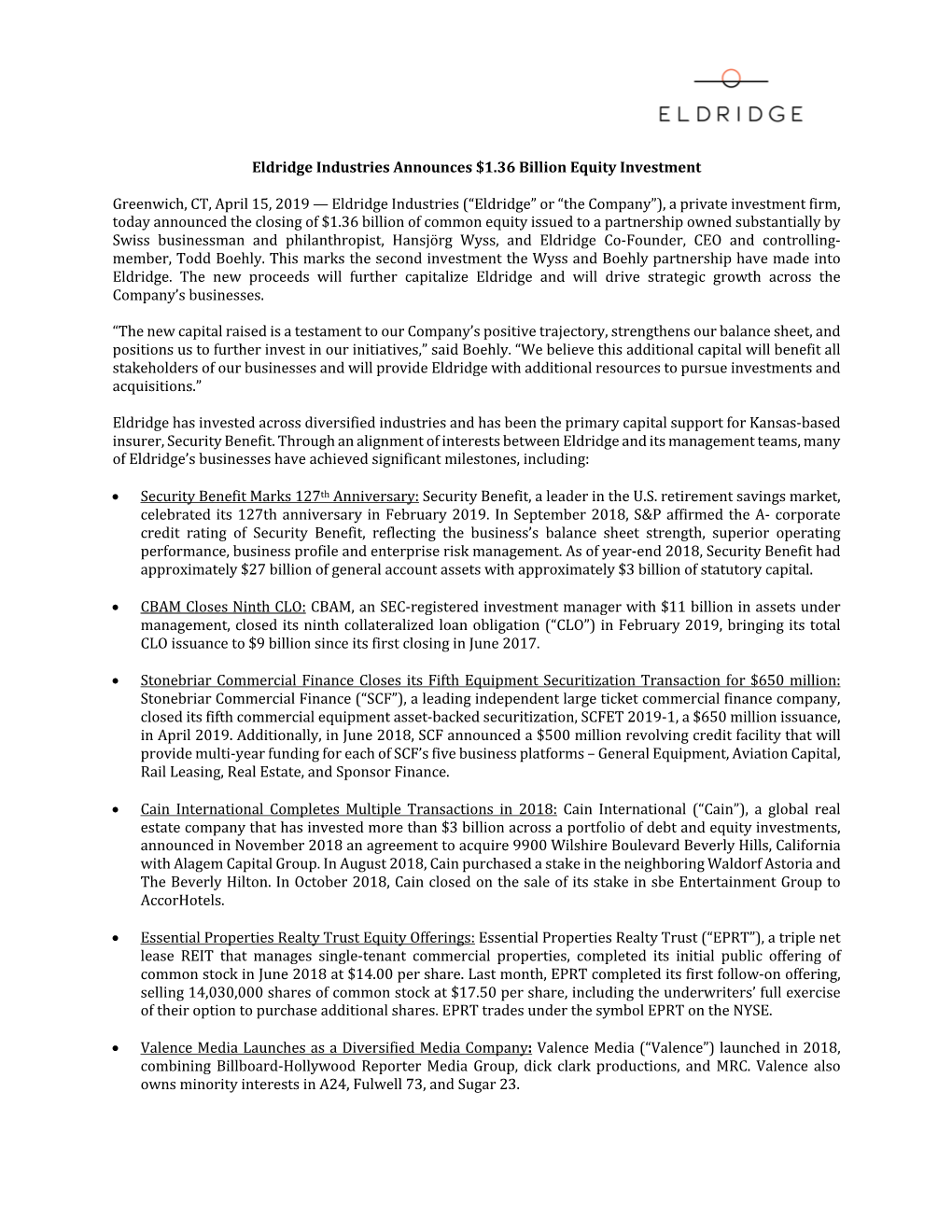 Eldridge Industries Announces $1.36 Billion Equity Investment Greenwich