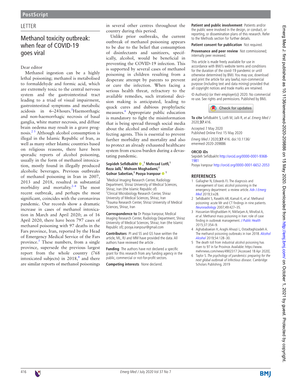 Methanol Toxicity Outbreak: When Fear of COVID-19 Goes Viral