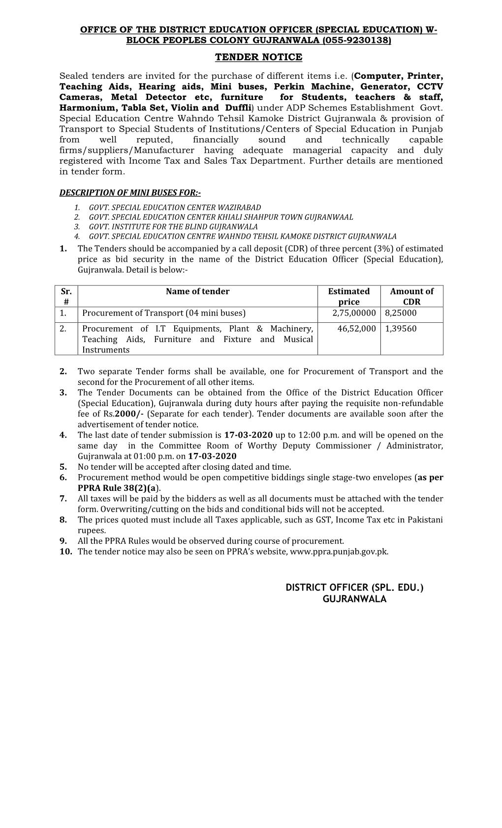 Tender Notice District Officer (Spl. Edu.)