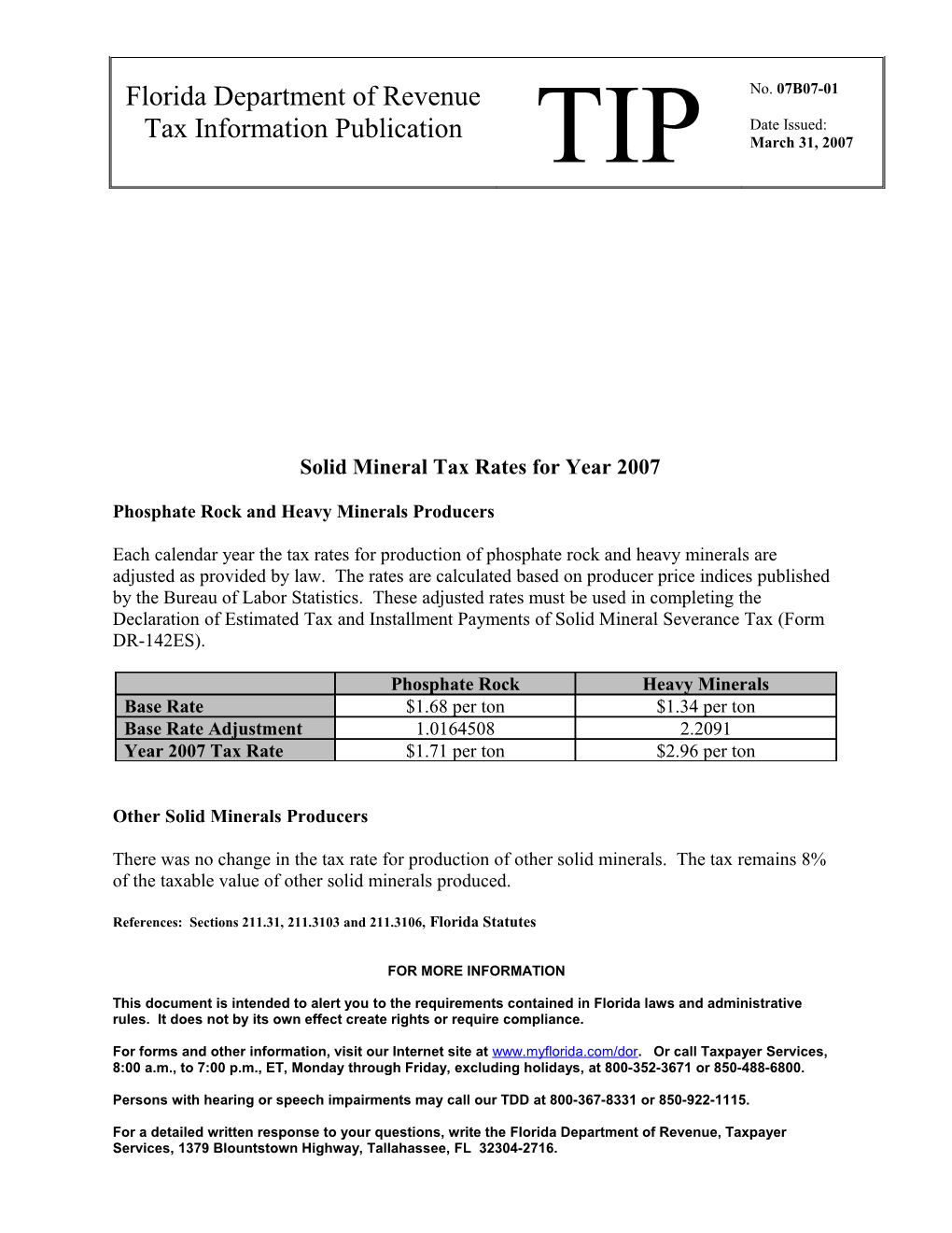 Solid Mineral Tax Rates for Year 2007