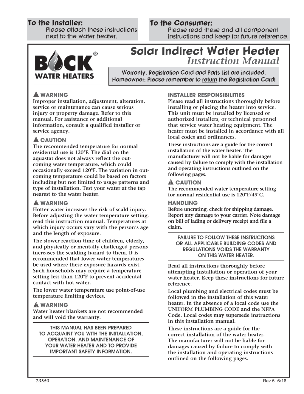 Installation and Operation Manual for Solar Indirect Water Heaters