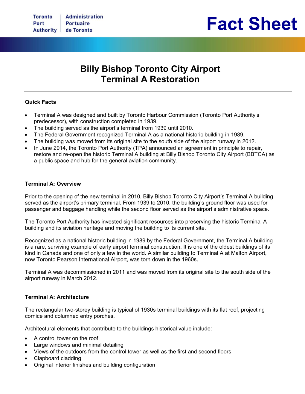 Fact Sheet Billy Bishop Toronto City Airport Terminal A