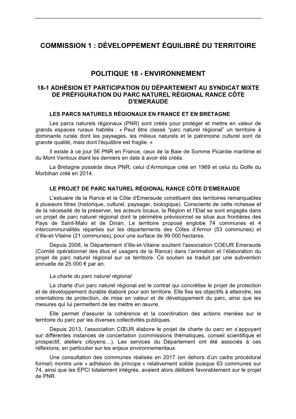 18-1 Adhésion Et Participation Du Département Au Syndicat Mixte De Préfiguration Du Parc Naturel Régional Rance Côte D'emeraude