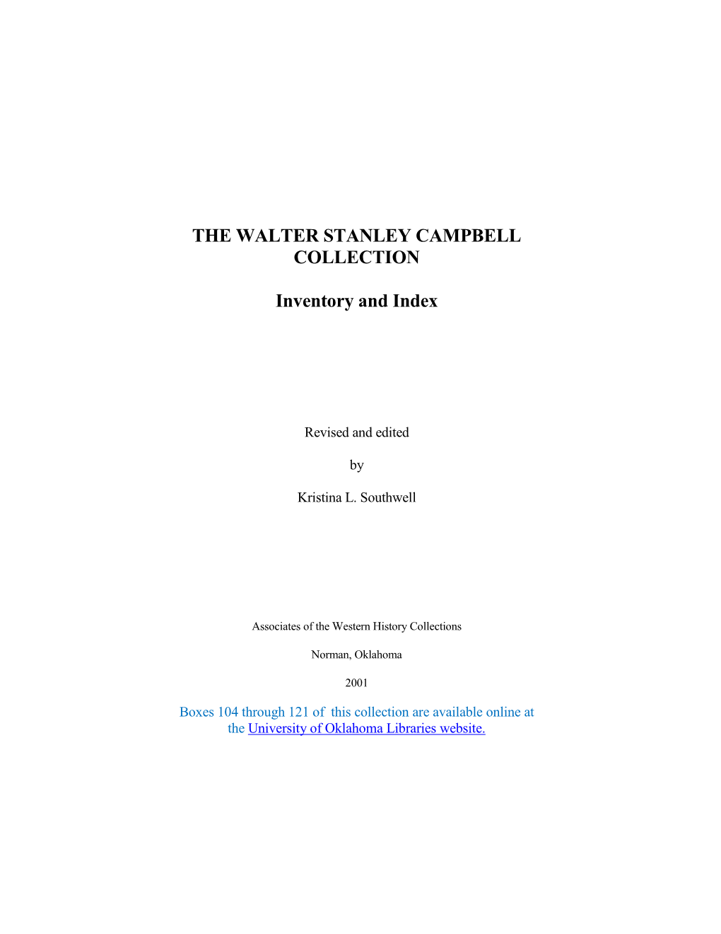 THE WALTER STANLEY CAMPBELL COLLECTION Inventory and Index