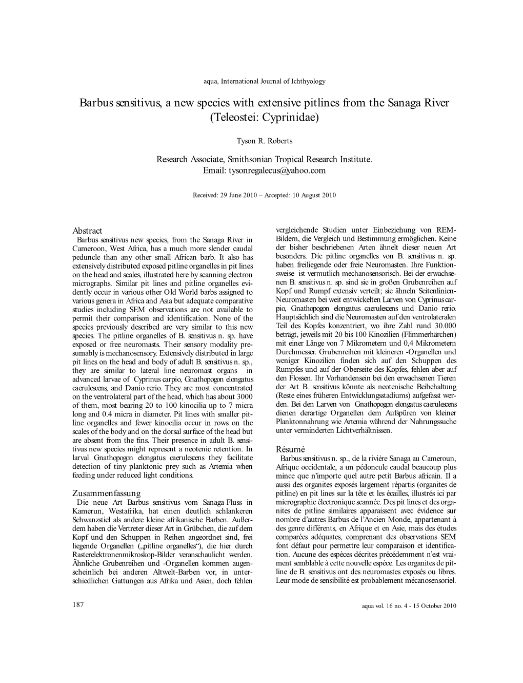 Barbus Sensitivus, a New Species with Extensive Pitlines from the Sanaga River (Teleostei: Cyprinidae)