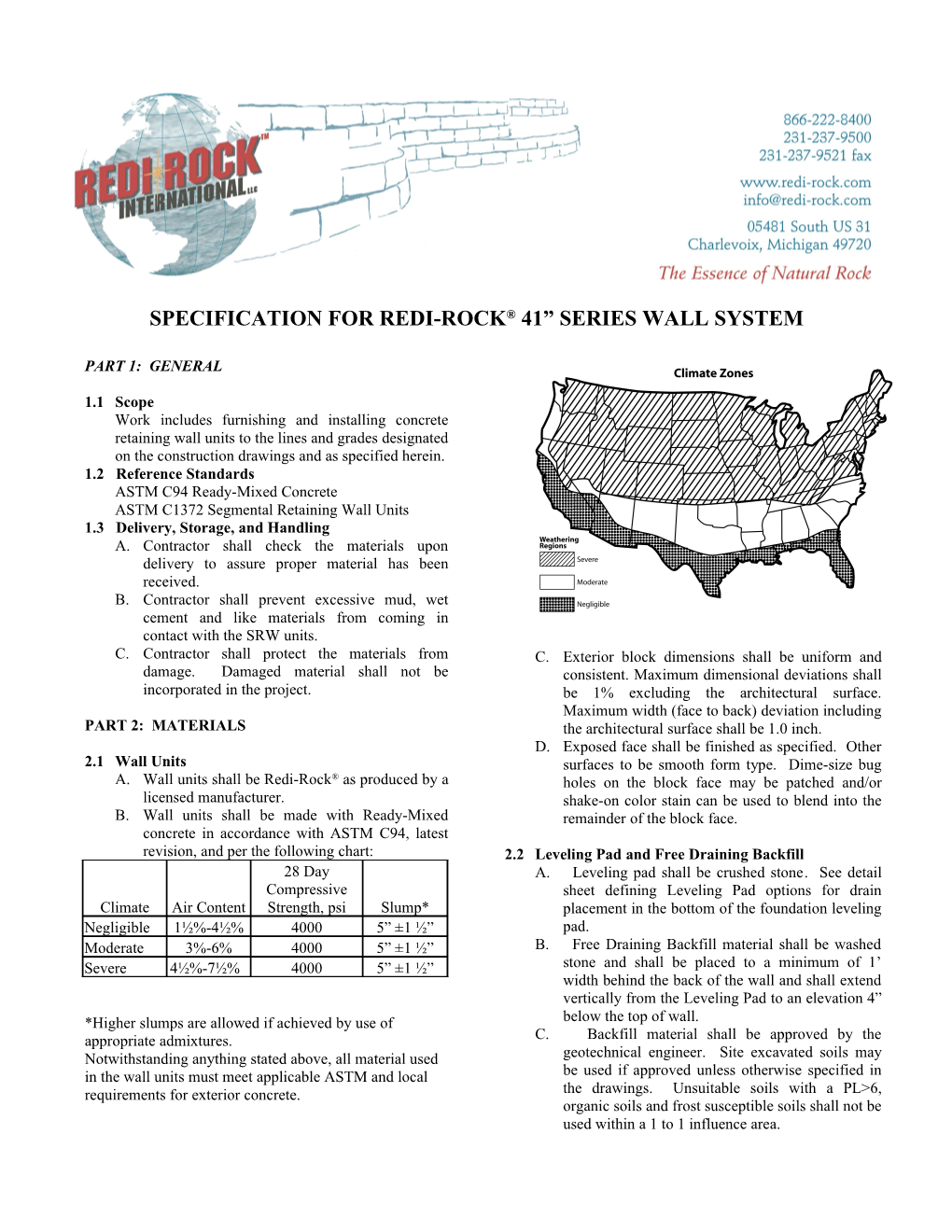 Specification for Redi-Rock 41 Series Wall System