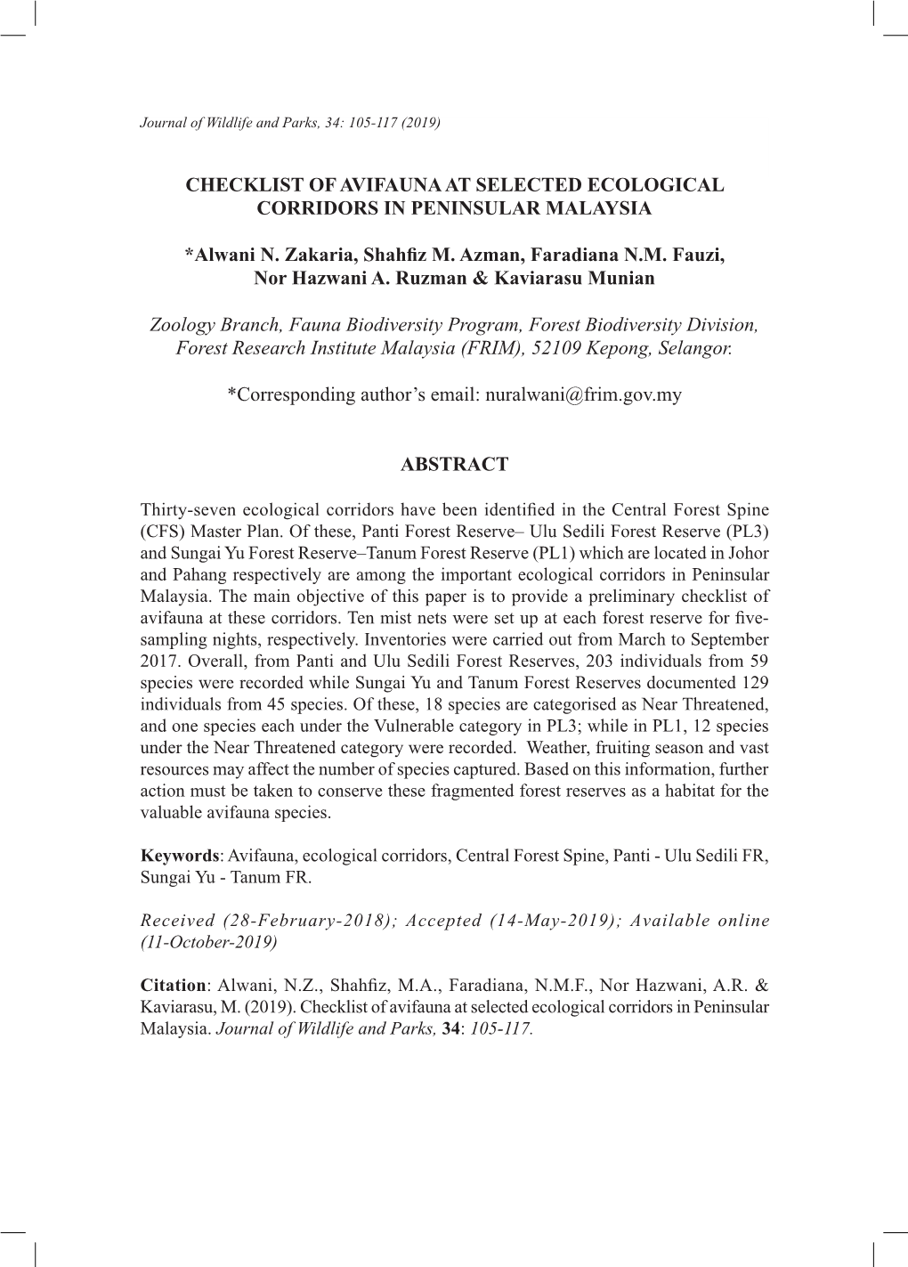 Checklist of Avifauna at Selected Ecological Corridors in Peninsular Malaysia