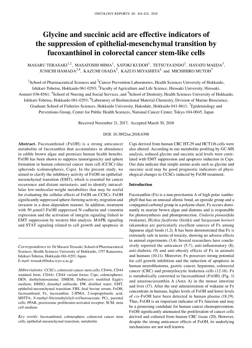 Glycine and Succinic Acid Are Effective Indicators of the Suppression of Epithelial-Mesenchymal Transition by Fucoxanthinol in Colorectal Cancer Stem-Like Cells