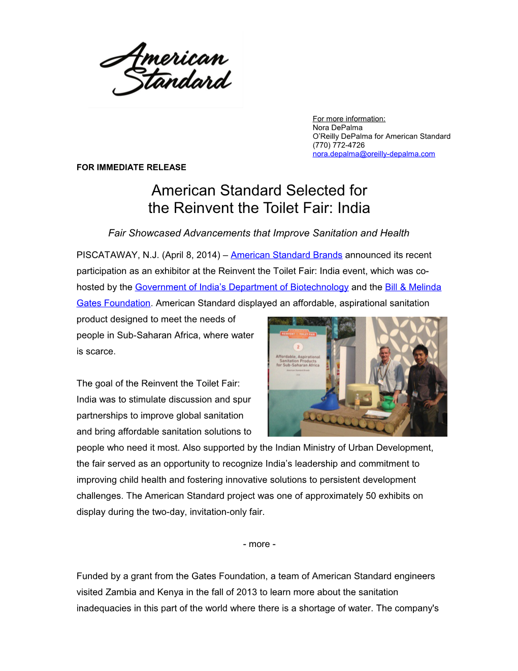 American Standard Selected for the Reinvent the Toilet Fair: India 3-3-3