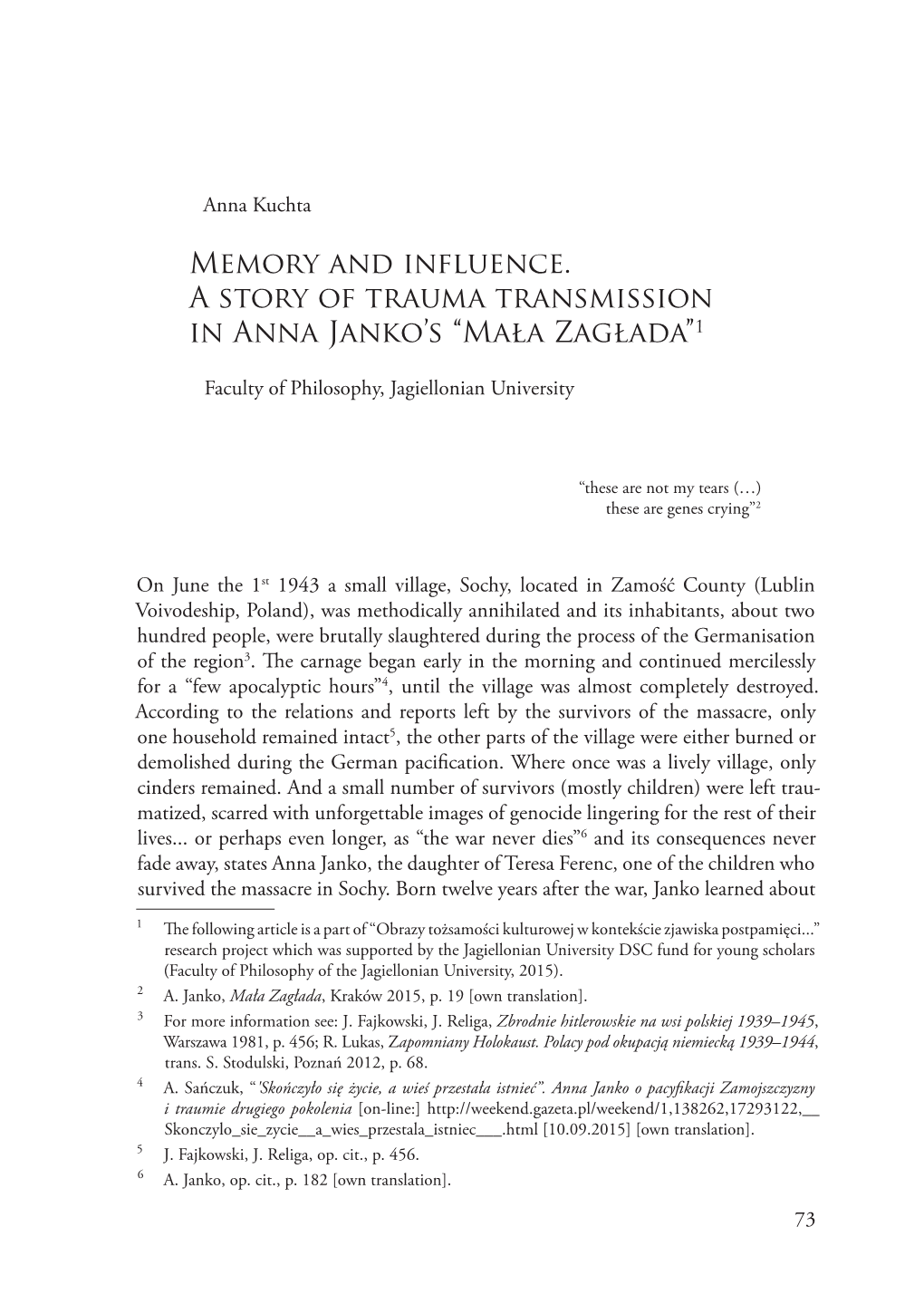 Memory and Influence. a Story of Trauma Transmission in Anna Janko’S “Mała Zagłada”1