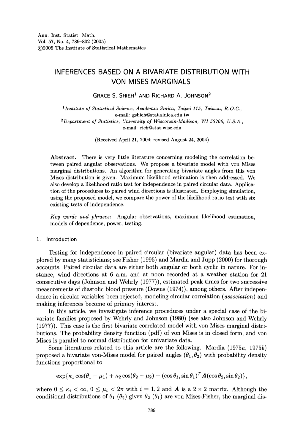 Inferences Based on a Bivariate Distribution with Von Mises Marginals