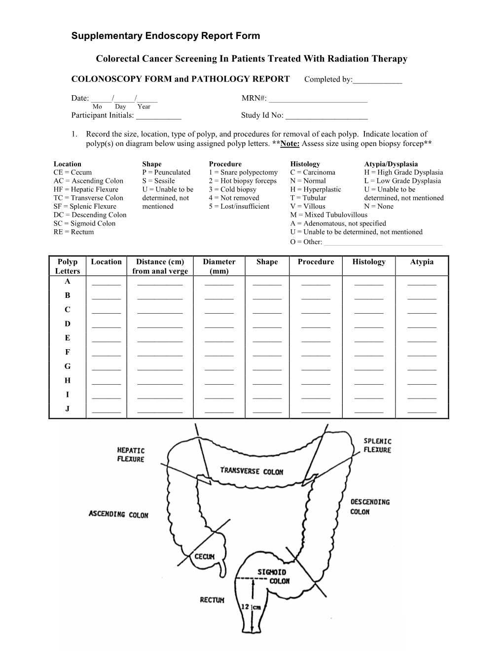 Supplementary Endoscopy Report Form Colorectal Cancer Screening