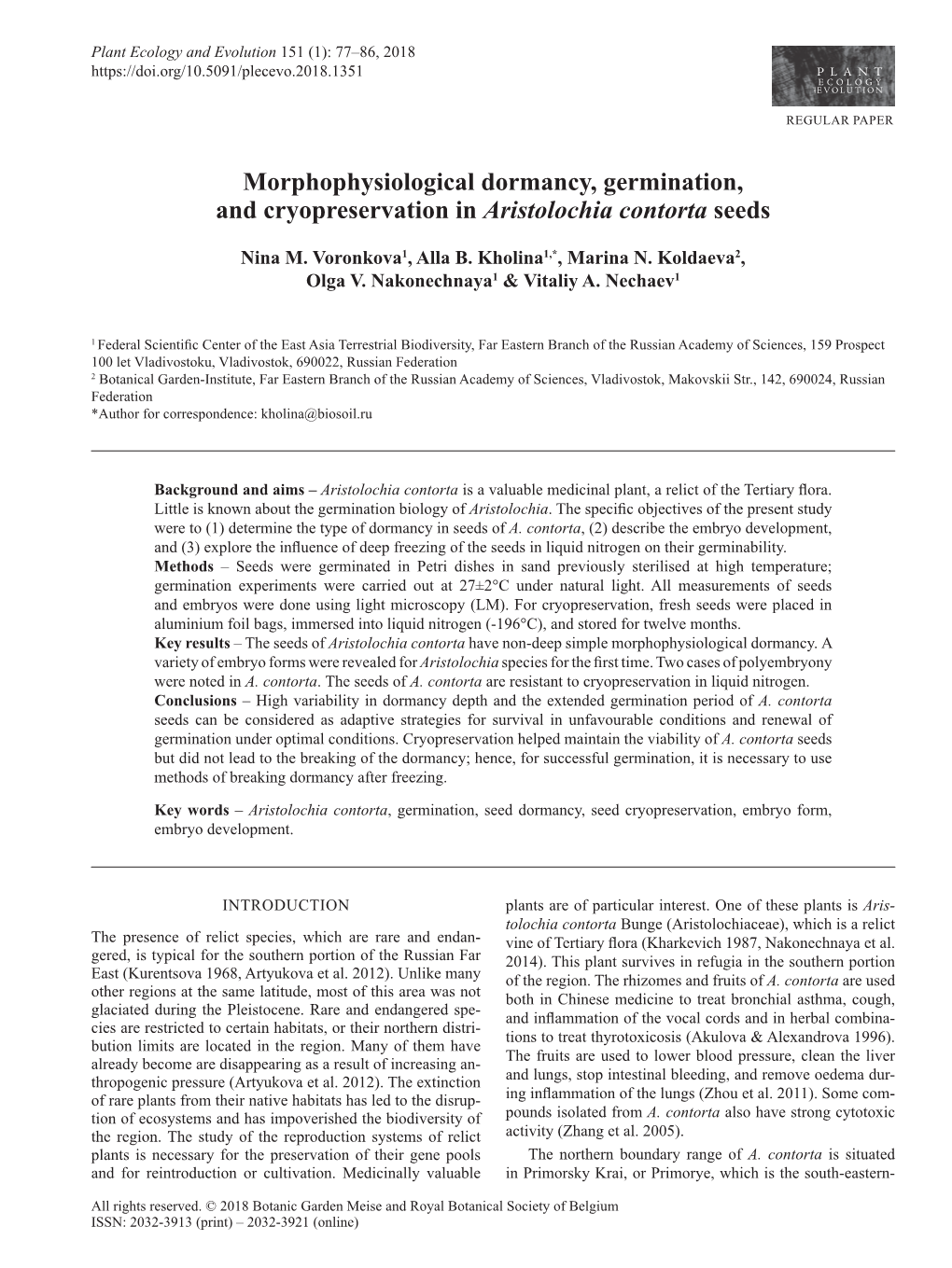 Morphophysiological Dormancy, Germination, and Cryopreservation in Aristolochia Contorta Seeds