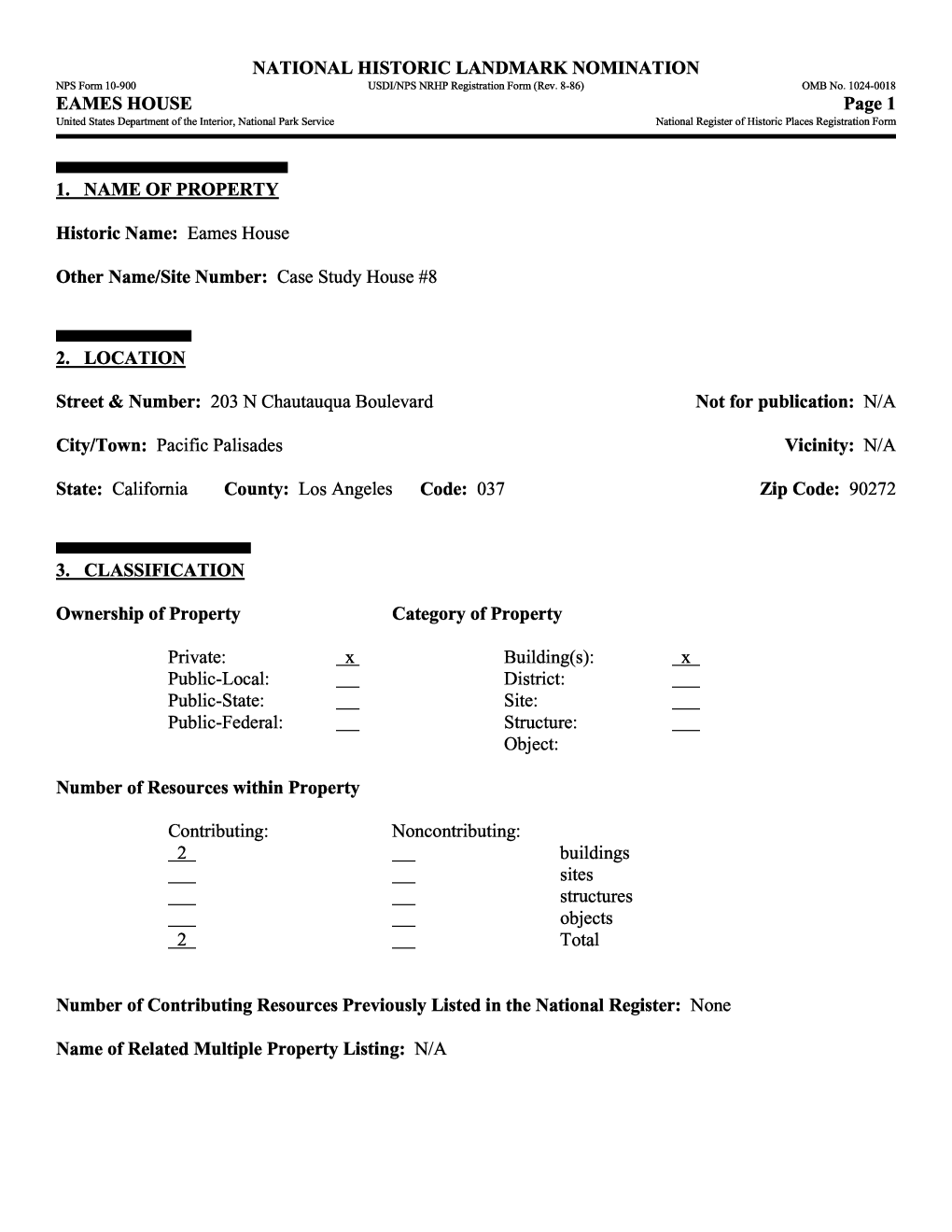 EAMES HOUSE Page 1 United States Department of the Interior, National Park Service National Register of Historic Places Registration Form