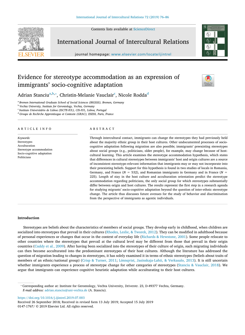 Evidence for Stereotype Accommodation As an Expression of Immigrants' Socio-Cognitive Adaptation