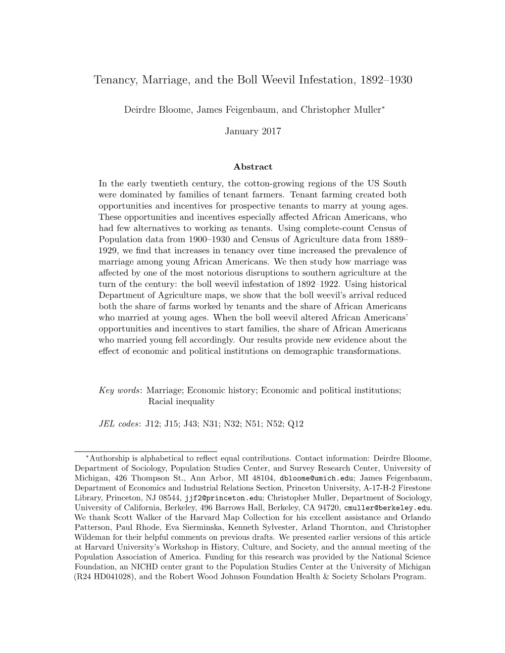 Tenancy, Marriage, and the Boll Weevil Infestation, 1892–1930