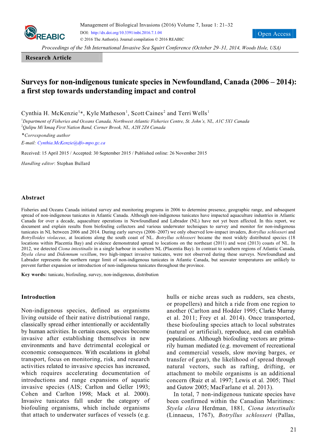 Surveys for Non-Indigenous Tunicate Species in Newfoundland, Canada (2006 – 2014): a First Step Towards Understanding Impact and Control