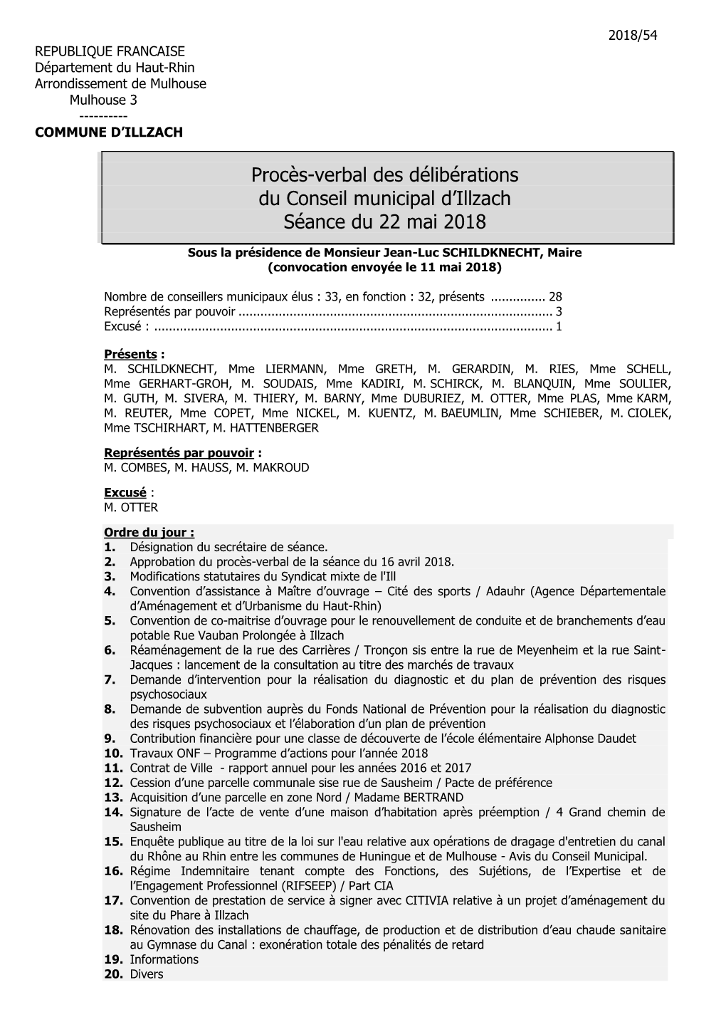 Procès-Verbal Des Délibérations Du Conseil Municipal D’Illzach Séance Du 22 Mai 2018