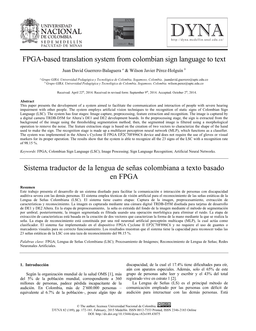 FPGA-Based Translation System from Colombian Sign Language to Text