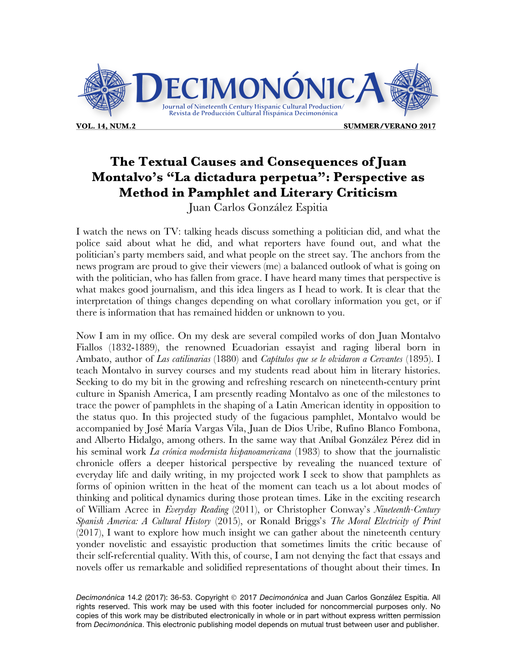 “La Dictadura Perpetua”: Perspective As Method in Pamphlet and Literary Criticism Juan Carlos González Espitia