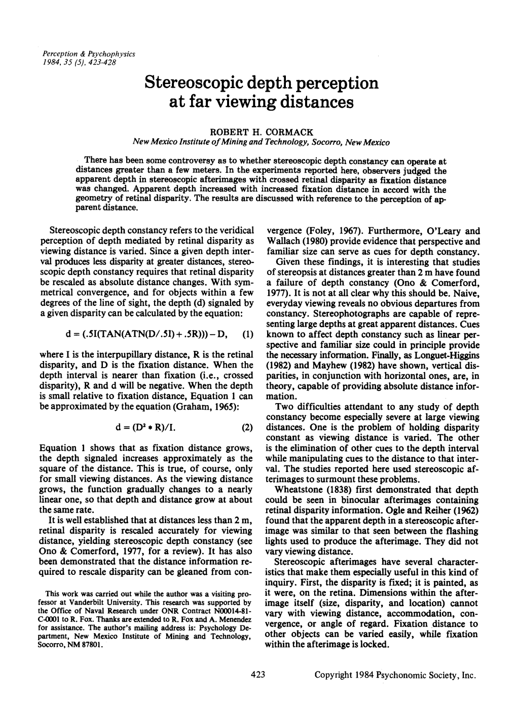 Stereoscopic Depth Perception at Far Viewing Distances