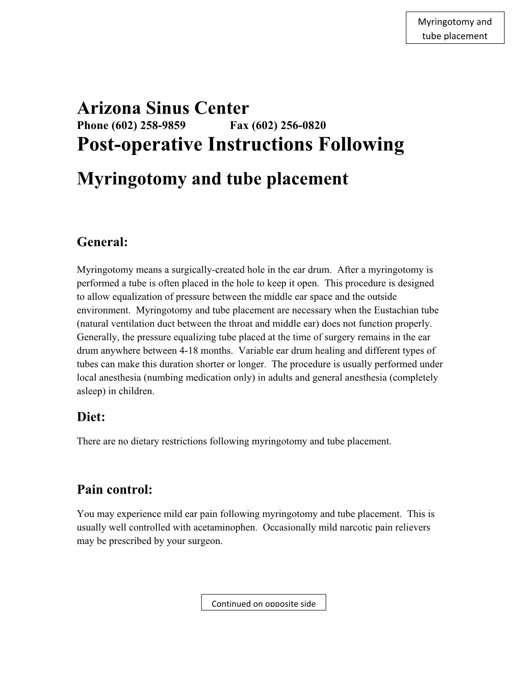 Myringotomy Post-Operative Instructions