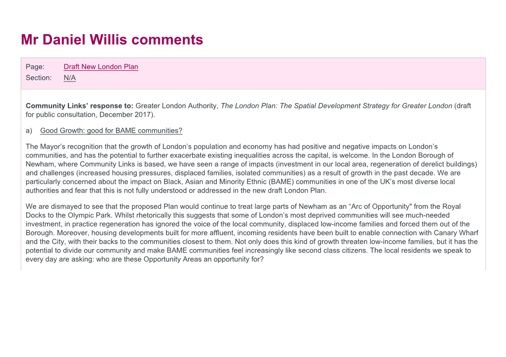 Mr Daniel Willis Comments