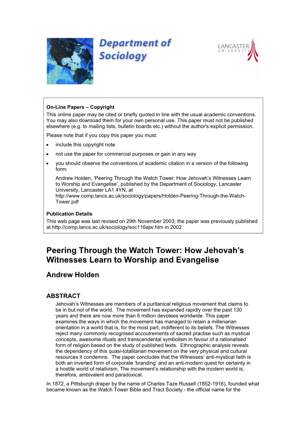 Peering Through the Watch Tower: How Jehovah's Witnesses Learn To