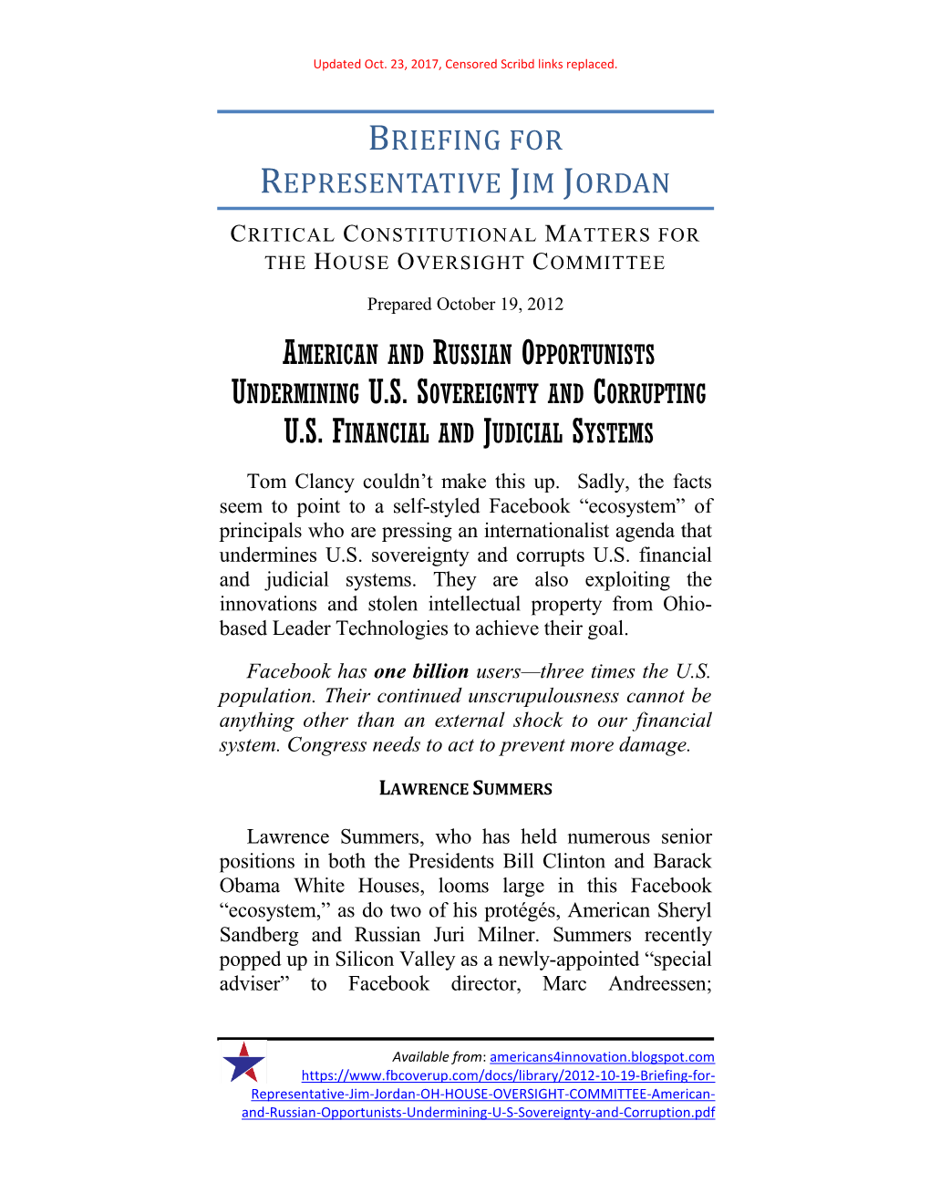 Briefing for Representative Jim Jordan